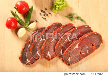 Turkish bacon, pastrami ( Kayseri pastirma ) Fresh sliced pastrami 141129649