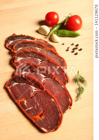 Turkish bacon, pastrami ( Kayseri pastirma ) Fresh sliced pastrami Turkish bacon, pastrami ( Kayseri pastirma ) Fresh sliced pastrami 141129678