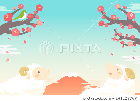 羊年_新年卡片設計(無文字)_可愛綿羊、梅花和富士山 1_橫版 羊年_新年卡片設計(無文字)_可愛綿羊、梅花和富士山 1_橫版 141129767