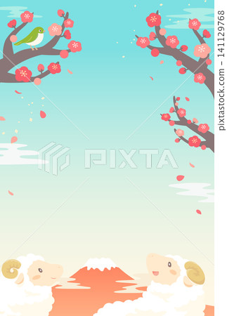 羊年_新年卡片設計(無文字)_可愛綿羊、梅花和富士山 1_直式版 羊年_新年卡片設計(無文字)_可愛綿羊、梅花和富士山 1_直式版 141129768