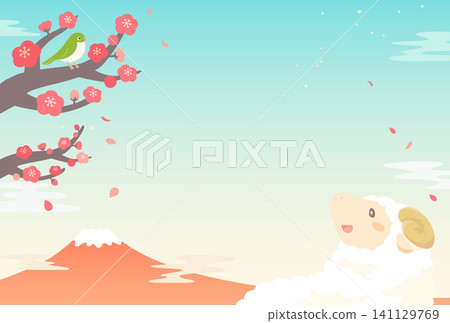 羊年_新年卡片設計(無文字)_可愛綿羊、梅花和富士山 2_橫版 羊年_新年卡片設計(無文字)_可愛綿羊、梅花和富士山 2_橫版 141129769