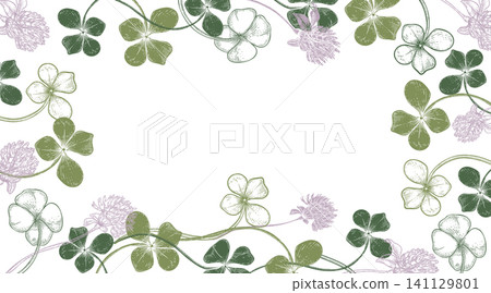 Clover wildflower border with leaves and blossoms vector illustration. Beauty frame of silhouette lucky shamrock. Decorative floral background of green and pink for greeting card invitation design. Clover wildflower border with leaves and blossoms vector illustration. Beauty frame of silhouette lucky shamrock. Decorative floral background of green and pink for greeting card invitation design. 141129801