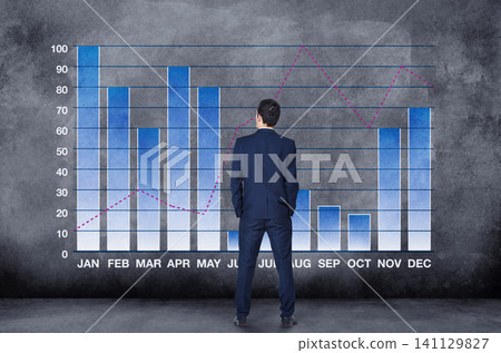 Businessman, thinking and trading with hologram of financial growth or calendar on a gray studio background. Rear view of man or trader checking graph, chart or profit of corporate data or finance Businessman, thinking and trading with hologram of financial growth or calendar on a gray studio background. Rear view of man or trader checking graph, chart or profit of corporate data or finance 141129827