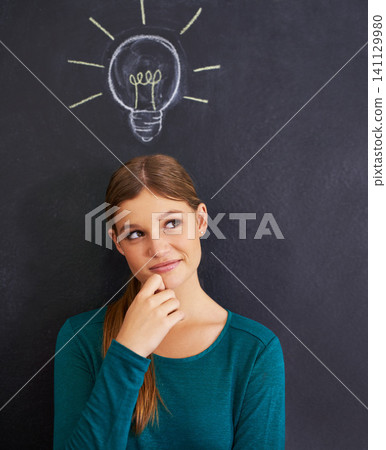 Idea, thinking and woman with light bulb on chalkboard for inspiration, brainstorming and problem solving. Creative, question and person on background with icon for solution, thoughtful and planning Idea, thinking and woman with light bulb on chalkboard for inspiration, brainstorming and problem solving. Creative, question and person on background with icon for solution, thoughtful and planning 141129980