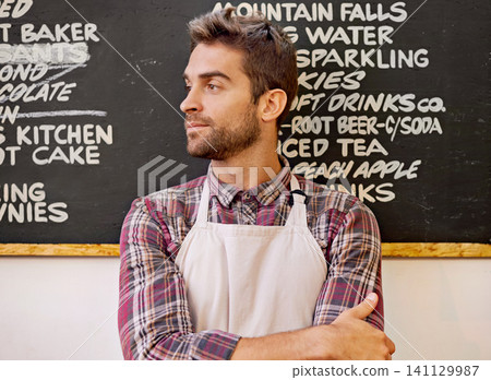 Man, blackboard and menu in a coffee shop with arms crossed for thinking, vision or ideas for service. Barista, person or small business owner by a chalkboard in cafe for catering with list in Italy Man, blackboard and menu in a coffee shop with arms crossed for thinking, vision or ideas for service. Barista, person or small business owner by a chalkboard in cafe for catering with list in Italy 141129987