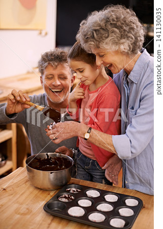 Help, grandparents and baking with girl, home and hobby with happiness and bonding together with recipe. Family, grandchild and senior man with old woman and activity with utensils, food and teaching 141130035