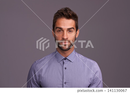 Serious, professional and portrait of business man in studio with company pride, confidence and style. Creative startup, agency and face of isolated person for career, work and job on gray background Serious, professional and portrait of business man in studio with company pride, confidence and style. Creative startup, agency and face of isolated person for career, work and job on gray background 141130067