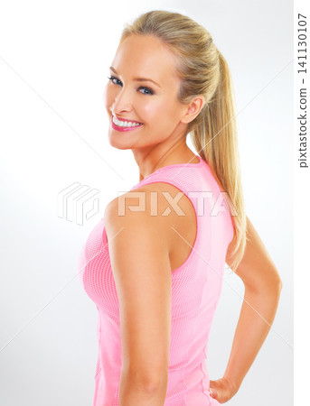 Studio, portrait and happy woman with smile for fitness, personal trainer and sports with mockup space. Female person, workout and training on white background for health and wellness for model girl Studio, portrait and happy woman with smile for fitness, personal trainer and sports with mockup space. Female person, workout and training on white background for health and wellness for model girl 141130107