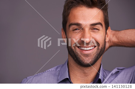 Studio, smile and portrait of man with confidence for good mood, pride and positivity on mockup. Cheerful, male person and face with happiness for satisfaction, joy and relax on gray background Studio, smile and portrait of man with confidence for good mood, pride and positivity on mockup. Cheerful, male person and face with happiness for satisfaction, joy and relax on gray background 141130128