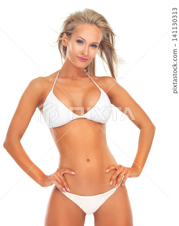 Woman, studio and trendy in swimsuit fashion, bikini or female person with confidence in summer swimming clothes. Happy, positive or enthusiastic beautiful model, mockup or isolated white background Woman, studio and trendy in swimsuit fashion, bikini or female person with confidence in summer swimming clothes. Happy, positive or enthusiastic beautiful model, mockup or isolated white background 141130313