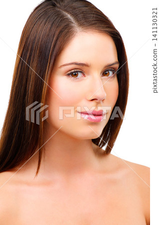 Woman, portrait and hair with beauty, glow and smile for keratin shampoo with cosmetic care on white background. Haircare, wellness and cosmetology for shine, self care and salon treatment in studio Woman, portrait and hair with beauty, glow and smile for keratin shampoo with cosmetic care on white background. Haircare, wellness and cosmetology for shine, self care and salon treatment in studio 141130321