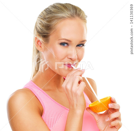 White background, orange and portrait of woman with straw to drink, vitamin c and healthy for body. Adult, female person and girl with smile for nutrition from fruit, relax and happy in studio White background, orange and portrait of woman with straw to drink, vitamin c and healthy for body. Adult, female person and girl with smile for nutrition from fruit, relax and happy in studio 141130369
