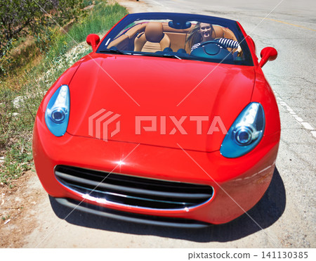 Driving, convertible and woman in car on road in city, outdoor in summer with happiness on adventure. Luxury, transport and travel with rich driver on highway or red vehicle parking on street Driving, convertible and woman in car on road in city, outdoor in summer with happiness on adventure. Luxury, transport and travel with rich driver on highway or red vehicle parking on street 141130385