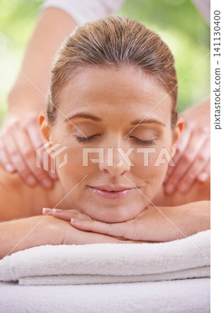 Woman, hands and spa with massage therapist for relax peace or stress relief for zen resort, calm or vacation. Female person, eyes closed and comfortable for healthy skincare, treatment or luxury Woman, hands and spa with massage therapist for relax peace or stress relief for zen resort, calm or vacation. Female person, eyes closed and comfortable for healthy skincare, treatment or luxury 141130400