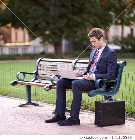 Park, bench and business man with a laptop, typing and connection with deadline or online reading. Person, employee or entrepreneur with a computer or thinking with check project schedule or internet Park, bench and business man with a laptop, typing and connection with deadline or online reading. Person, employee or entrepreneur with a computer or thinking with check project schedule or internet 141130586