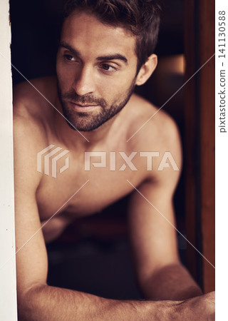 Closeup, shirtless or guy to relax, thinking or memory of planning, break or idea as dream vacation. Man, window or vision of summer, holiday or rest to imagine, future or recreation in home Closeup, shirtless or guy to relax, thinking or memory of planning, break or idea as dream vacation. Man, window or vision of summer, holiday or rest to imagine, future or recreation in home 141130588