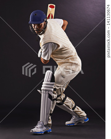 Man, cricket and athlete with sports bat in studio for professional match, competition or black background. Male person, gear and helmet with mockup space or fitness training, performance or game Man, cricket and athlete with sports bat in studio for professional match, competition or black background. Male person, gear and helmet with mockup space or fitness training, performance or game 141130674