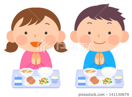 男孩和女孩吃學校午餐的插圖(第一部分) 男孩和女孩吃學校午餐的插圖(第一部分) 141130679