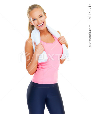 Girl, portrait and towel in studio for fitness or wellness for health and wellbeing or self care with happiness. Female person, sweat and cloth for workout or exercise with training for slim body Girl, portrait and towel in studio for fitness or wellness for health and wellbeing or self care with happiness. Female person, sweat and cloth for workout or exercise with training for slim body 141130712