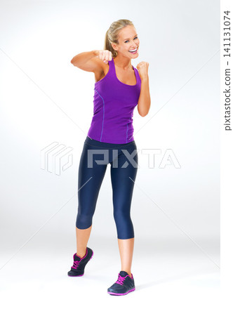 Boxing, martial arts and woman with exercise in portrait for sports, energy and action isolated on white background. MMA, fight and boxer for fitness in studio, challenge and performance with workout Boxing, martial arts and woman with exercise in portrait for sports, energy and action isolated on white background. MMA, fight and boxer for fitness in studio, challenge and performance with workout 141131074