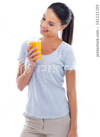 Person, woman and juice in studio for orange, healthy and fresh squeeze for drink and vitamin. Model, nurse and smile with beverage for cold, fruit and refresh for smoothie on white background Person, woman and juice in studio for orange, healthy and fresh squeeze for drink and vitamin. Model, nurse and smile with beverage for cold, fruit and refresh for smoothie on white background 141131105