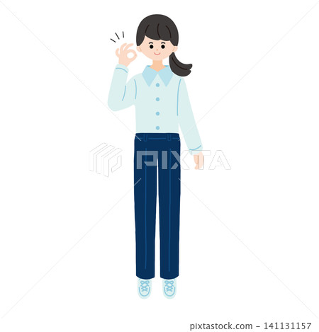 一位女性做出OK手勢的全身插圖。 一位女性做出OK手勢的全身插圖。 141131157