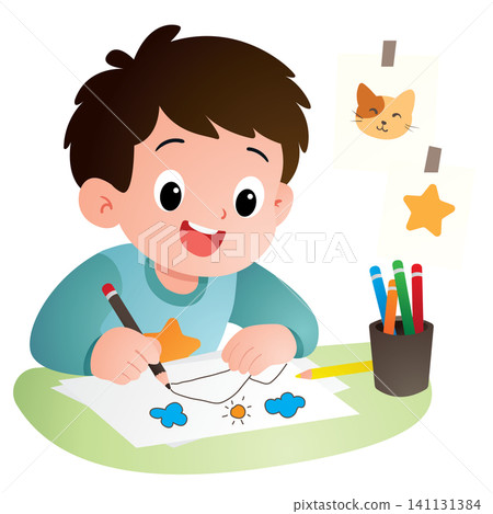 little boy drawing with pencils little boy drawing with pencils 141131384