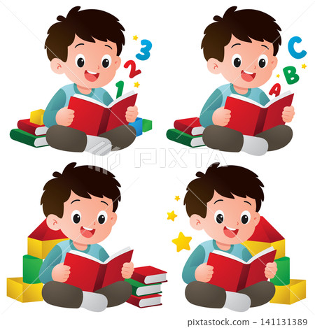 Happy Boy Reading Story Book with Blocks Happy Boy Reading Story Book with Blocks 141131389