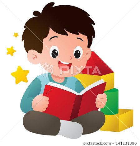 Little Boy Reading Book with Glowing Stars Little Boy Reading Book with Glowing Stars 141131390