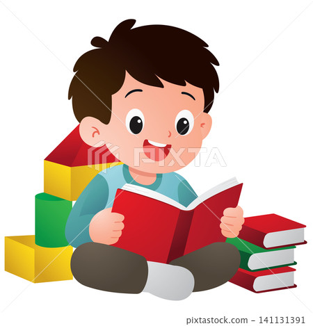 Smart Boy Sitting with Books and Blocks Smart Boy Sitting with Books and Blocks 141131391