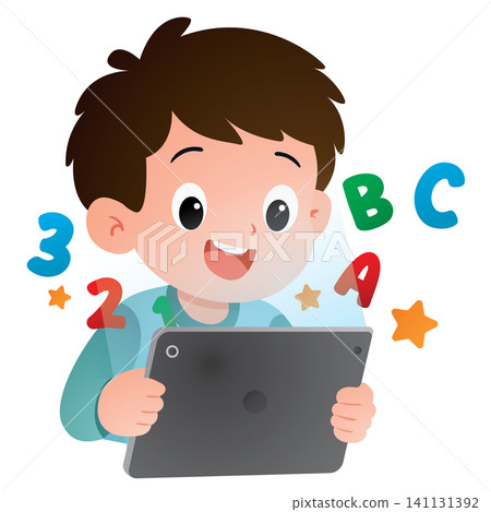Modern School Boy Learning on Digital Tablet Modern School Boy Learning on Digital Tablet 141131392