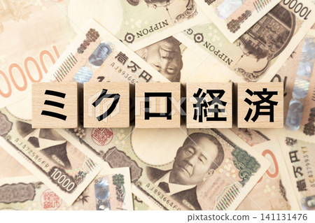 一塊寫著「微觀經濟學」的磚塊和許多10,000日圓的鈔票。 一塊寫著「微觀經濟學」的磚塊和許多10,000日圓的鈔票。 141131476