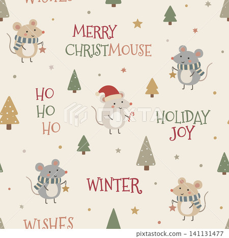 Christmas seamless pattern with cute mice, trees, stars, festive slogans, scarves, candy cane, and cozy winter holiday decor Christmas seamless pattern with cute mice, trees, stars, festive slogans, scarves, candy cane, and cozy winter holiday decor 141131477