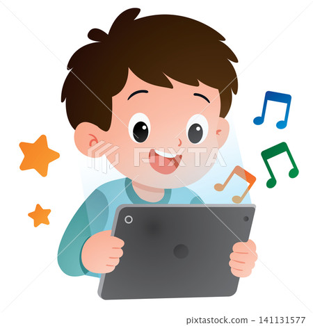 Happy Student Boy Listening to Music on Tablet 141131577