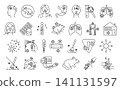 Hantavirus black line icon set, big collection, vector signs. Symptoms, routes of transmission, precautions. Outline monochrome isolated symbols. Various linear pictograms 141131597