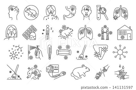 Hantavirus black line icon set, big collection, vector signs. Symptoms, routes of transmission, precautions. Outline monochrome isolated symbols. Various linear pictograms 141131597