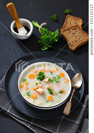 Eastern European Village Salmon Soup with Cream Eastern European Village Salmon Soup with Cream 141132117