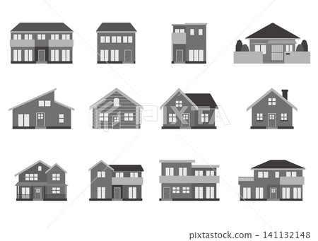 一組平面設計房屋和獨立式住宅的插圖。 141132148