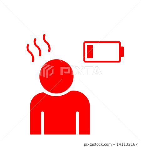 一個象形圖,表示一個人因疲勞或缺乏能量而電量耗盡(紅色)。 一個象形圖,表示一個人因疲勞或缺乏能量而電量耗盡(紅色)。 141132167