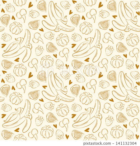 Hand-drawn seamless background made of summer fruits, banana, fig, tangerine, cherry in line art style for packaging, backgrounds Hand-drawn seamless background made of summer fruits, banana, fig, tangerine, cherry in line art style for packaging, backgrounds 141132304