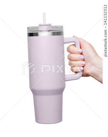 Female Hand Holding 40 oz light purple tumbler. Tumbler With Handle, Travel Mug Straw Covers Cup with Lid Female Hand Holding 40 oz light purple tumbler. Tumbler With Handle, Travel Mug Straw Covers Cup with Lid 141132312