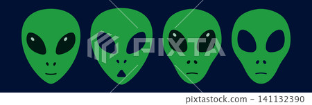 Set of space alien faces or heads with large black eyes. Green skin space aliens. Set of space alien faces or heads with large black eyes. Green skin space aliens. 141132390