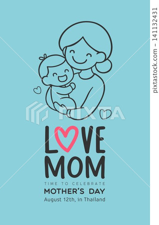 Happy Mother's day, outline mother holds her baby, love mom poster design on blue background 141132431