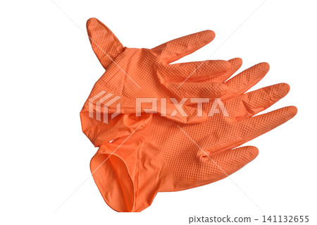 Disposable orange nitrile gloves with a distinct diamond texture for improved grip. Disposable orange nitrile gloves with a distinct diamond texture for improved grip. 141132655