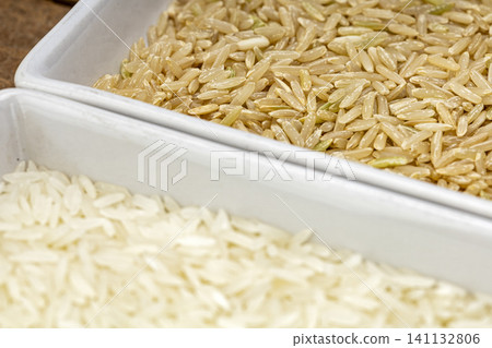 Hom Mali brown rice and Hom Mali white rice grains in a white tray, close up view for Thai cooking, healthy eating, nutrition, and rice ingredient concepts Hom Mali brown rice and Hom Mali white rice grains in a white tray, close up view for Thai cooking, healthy eating, nutrition, and rice ingredient concepts 141132806