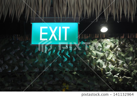 Bright exit sign shines in intriguing decor at evening venue Bright exit sign shines in intriguing decor at evening venue 141132964
