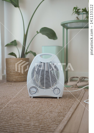 Portable Electric Space Heater On Rug in Cozy Home Interior With Slippers and Plant Portable Electric Space Heater On Rug in Cozy Home Interior With Slippers and Plant 141133122