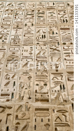 Beautiful bas-reliefs and ancient hieroglyphs from the mortuary temple of Ramesses III at Medinet Habu, Luxor, Egypt. Beautiful bas-reliefs and ancient hieroglyphs from the mortuary temple of Ramesses III at Medinet Habu, Luxor, Egypt. 141133391
