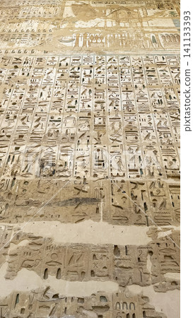 Beautiful bas-reliefs and ancient hieroglyphs from the mortuary temple of Ramesses III at Medinet Habu, Luxor, Egypt. Beautiful bas-reliefs and ancient hieroglyphs from the mortuary temple of Ramesses III at Medinet Habu, Luxor, Egypt. 141133393
