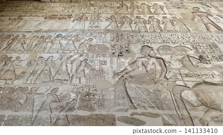 Beautiful bas-reliefs and ancient hieroglyphs from the mortuary temple of Ramesses III at Medinet Habu, Luxor, Egypt. 141133410